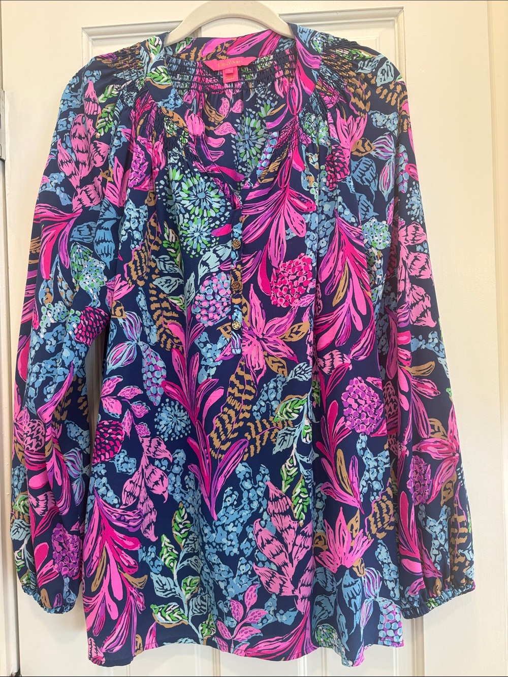 Lilly Pulitzer Navy Blouse with Hot Pink, Aqua & Green Floral Print 100% silk